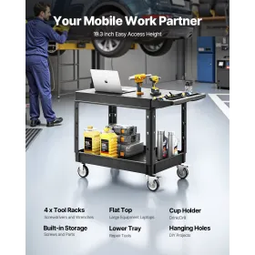 2-Shelf Utility Cart 550 lbs 37 x 25,4-tommer servicevogn med