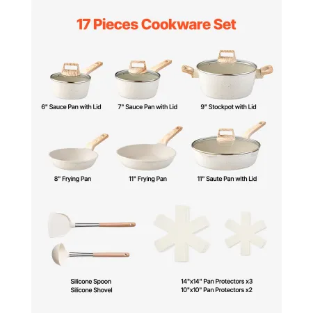 17 Piece Pots and Pans Set, Granite Nonstick Cookware Set, Induction Cookwares, Kitchen RV Cooking Sets with Frying, Sauce, Saut