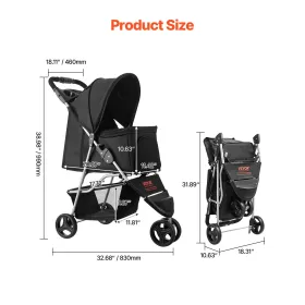 Pet Stroller Foldable 3 Wheels Travel Dog Stroller with Brake up to 35lbs