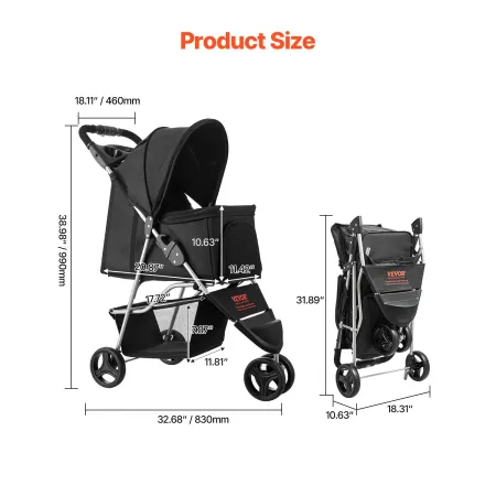 Pet Stroller, 35 lbs Weight Capacity, Foldable Dog Stroller Cart, 3 Wheels Cats Stroller with Mesh Windows and Cup Holders, Port