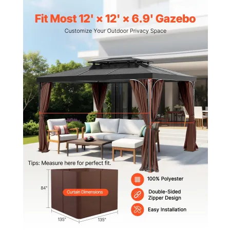 Gazebo Curtains Outdoor, 12' x 12' x 6.9' Gazebos, 4-Panel Sidewall Gazebo Privacy Curtains with Zippers, Outdoor Curtain Replac