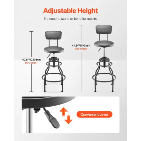 Shop Stool with Backrest, Pneumatic Garage Seat/Work Stool with 300 lbs Capacity, Adjustable Height Roller Creeper Seat, 360° Sw