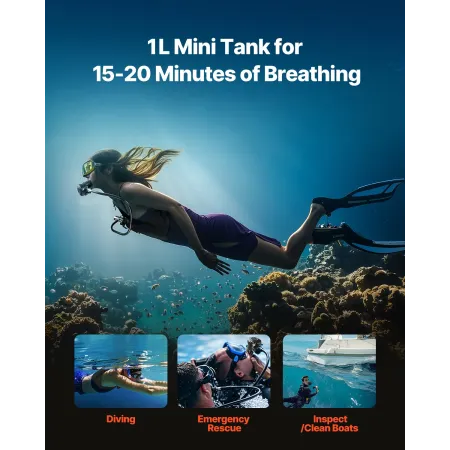 Scuba Tank, 1L Portable Diving Tank, Diving Oxygen Cylinder Support 15-20 Minutes Underwater Breathing, 98.43 ft Diving Depth, R