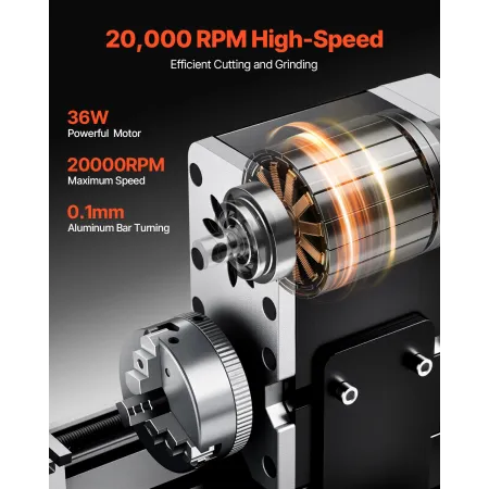 Didactical Mini Metal Lathe Machine, 70 x 130 mm(2.76 x 5.12 in), 36W Power Metal Lathe, 20,000 RPM Speed, with 3-jaw Chuck, Alu