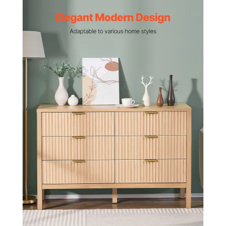 6 Fluted Drawer Dresser, Wooden Chest of Drawers with Sliding & Anti-tip Device, Modern Minimalist Dresser Chest, Closet Storage