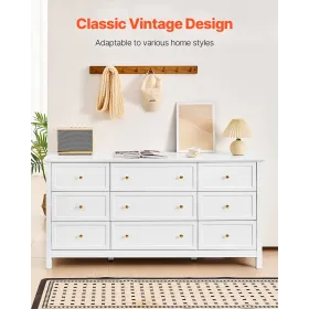 9 Drawer Dresser Wooden Chest of Drawer w/ Sliding & Anti-tip Device White