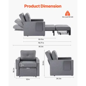 Sleeper Sofa Bed with Side Pocket Pillow Desk Board 5 Adjustable Backrest