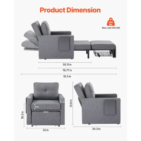 Sleeper Sofa Bed, Convertible Sleeper Bed with Side Pocket, Pillow, Armrest and Desk Board, 5 Adjustable Angles Backrest, Single