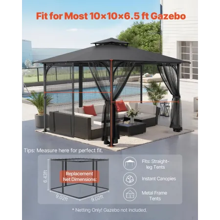 Gazebo Netting Replacement, Fit Most 10 x 10 x 6.5 FT Gazebo Curtain, Outdoor Garden Net, 4-Panel Sidewall Mesh Net, Patio Midge