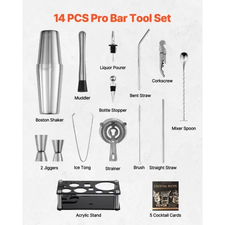Cocktail Shaker Set, 14-Piece Stainless Steel Bar Tools with Acrylic Stand, Boston Bartender Kit Accessories | Mixer Spoon, Mudd