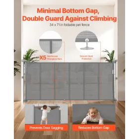 Retractable Baby Gate 870 mm Tall Extend to 1800 mm Wide Kids Pets Gray