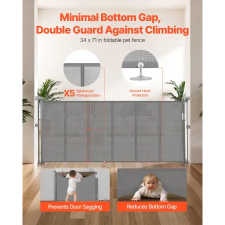 Retractable Baby Gate, 870 mm Tall, Extends up to 1800 mm Wide, Retractable Gate for Kids or Pets, Mesh Material, Easy to Instal