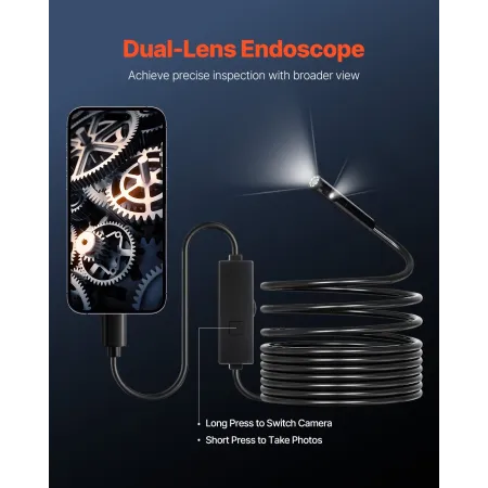 Endoscope Camera with Light, Dual Lens Borescope for Android & IOS, 1920P HD Inspection Camera with 8 + 1 LED Light, 2X Zoom, 5m