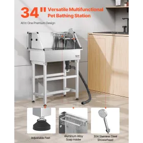 86.4 cm Dog Grooming Bath Tub Stainless Steel w Faucet for Pets