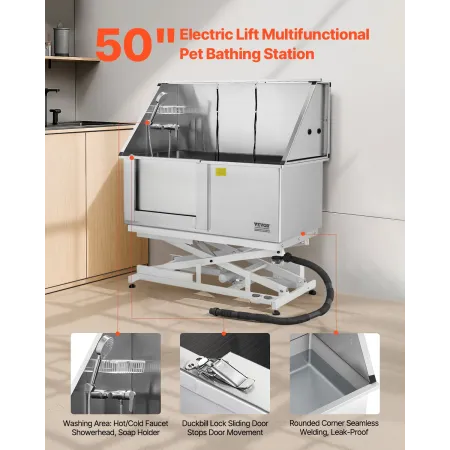 Electric Lift Dog Washing Station, 127 cm Professional Stainless Steel Pet Grooming Tub w/ PE Water Filter Board, Faucet & Showe