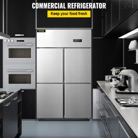 Commercial Reach-in Refrigerator, 4 Doors Upright Beverage Cooler, 27.5 Cu.Ft Side by Side Freezer, Stainless Steel Merchandiser