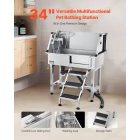 86.4 cm Dog Grooming Bath Tub Stainless Steel w Stairs Faucet Showerhead