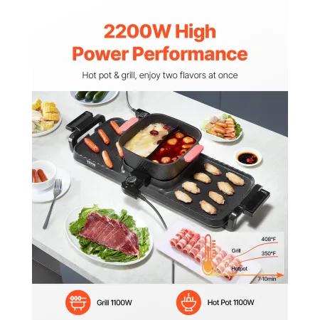 Hot Pot with Grill, 2300W 2-in-1 Electric Smokeless Grill and Hot Pot, Removable Shabu-shabu Hotpot with Non-stick Pan, Separate