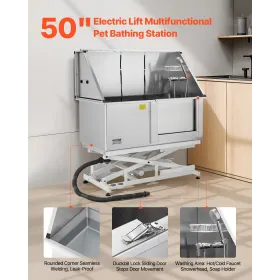 Electric Lift Dog Washing Station, 127 cm Professional Stainless Steel Pet Grooming Tub w/ PE Water Filter Board, Faucet & Showe