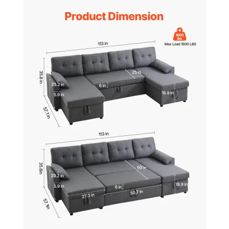 U Shaped Sofa Bed, Convertible Sofa Bed with 2 Side Pockets, 2 Pillows and Double Chaise, 6-Seat Pull Out Sleeper Couch with Lar