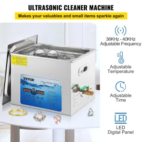Ultrasonic Cleaner, 36KHz~40KHz Adjustable Frequency, 15L 220V, Ultrasonic Cleaning Machine w/ Digital Timer and Heater, Lab