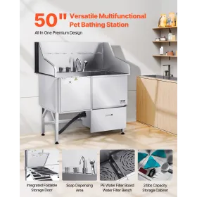 127 cm Dog Grooming Bath Tub Stainless Steel w Ramp Faucet Left Door