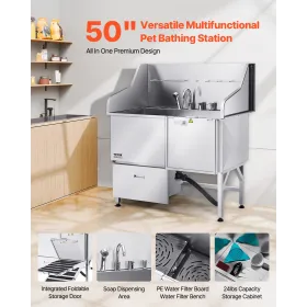 127 cm Dog Grooming Bath Tub Stainless Steel w Ramp Faucet Showerhead