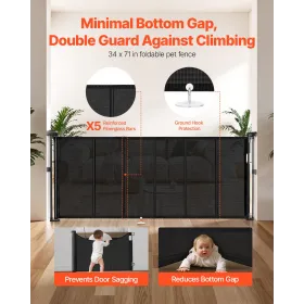 Retractable Baby Gate 870 mm Tall Extend to 1800 mm Wide Kids Pets Black