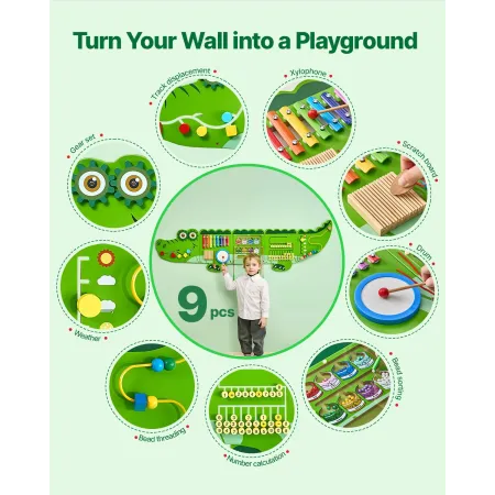 Crocodile Activity Wall Busy Board Panels, 9 Activities, Montessori Sensory Wall Toy for Kids 3-12 Years, Montessori Learning Ac