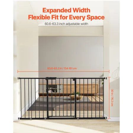 Baby Gate, 60.6-63.3 Inches Adjustable Width, 30 Inches High Dog Gate, Easy Step Walk Thru, for Child Pet Security, Pressure Mou