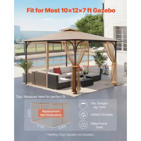 Gazebo Netting Replacement, Fit Most 10 x 12 x 7 FT Gazebo Curtain, Outdoor Garden Net, 4-Panel Sidewall Mesh Net, Patio Midge N