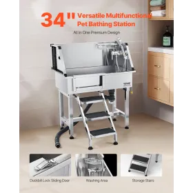 86.4 cm Dog Grooming Bath Tub Stainless Steel w Stairs Faucet Left Door