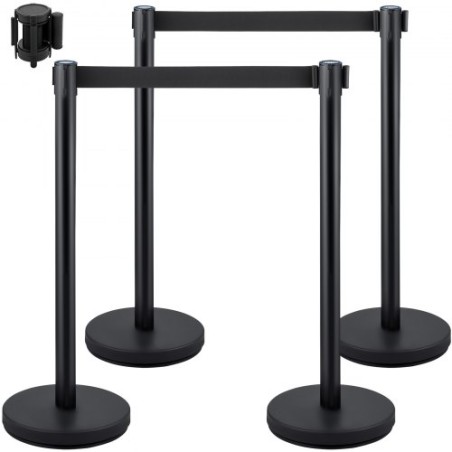 Crowd Control Stanchion, Sæt med 4 stykker Stanchion Set, Stanchion Set med 6,6 ft/2 m sort udtrækkeligt bælte, sort publikum