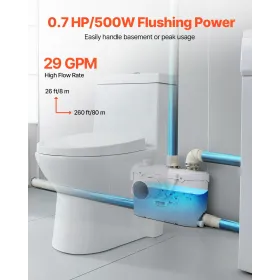 Macerator Pump 500W 29 GPM Flow 26 ft Head Lift for Toilet Basement Sink