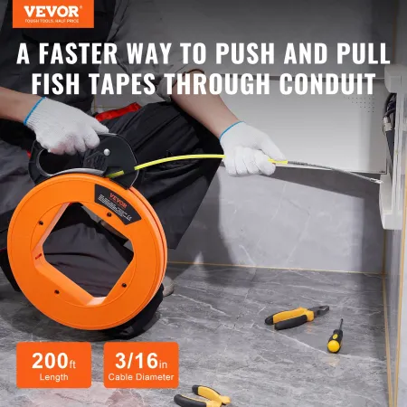 Fish Tape Wire Cable Line Puller 60,96 m 4,7 mm (200ft 3/16in) Fiberglass High Plastic Case
