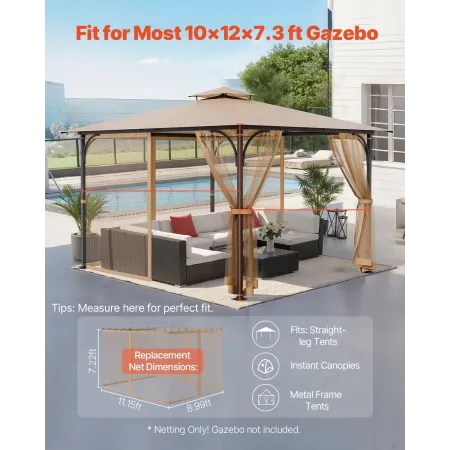 Gazebo Netting Replacement, Fit Most 10 x 12 x 7.3 FT Gazebo, Outdoor Garden Gazebo Net, 4-Panel Sidewall Mesh Gazebo Curtain, P