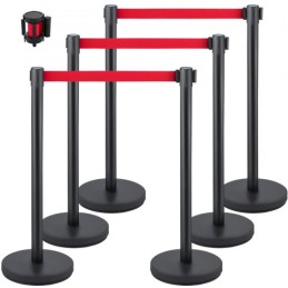 Crowd Control Stanchion, sæt med 6 stykker Stanchion Set, Stanchion Set m/ 6,6 ft/ 2 m Rødt udtrækkeligt bælte, sort crowd