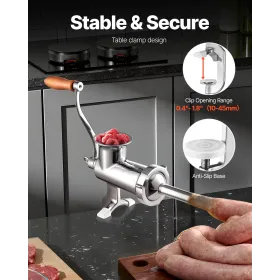 Manual Meat Grinder, All Parts Stainless Steel, Hand Operated Meat Grinding Machine with Tabletop Clamp, 2 Grinding Plates &