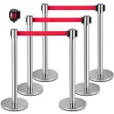 Crowd Control Stanchion, Set of 6 Pieces Stanchion Set, Stanchion Set w/ 6.6ft/2m Red Retractable Belt, Silver Crowd Control