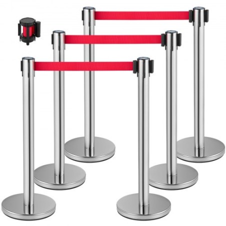 Crowd Control Stanchion, Set of 6 Pieces Stanchion Set, Stanchion Set w/ 6.6ft/2m Red Retractable Belt, Silver Crowd Control