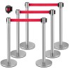 Crowd Control Stanchion, Sæt med 6 stykker Stanchion Set, Stanchion Set W/ 6,6ft/ 2M Rødt udtrækkeligt bælte, Silver Crowd