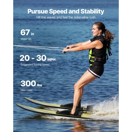 Water Skis 170.2 cm / 67 inch, Water Ski with X-9 Adjustable Horseshoe Bindings & Padded Rear Toe Plate, High-gloss UV Coating W
