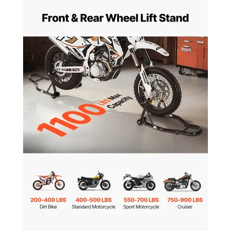 Motorcycle Stand Lift, 1100lbs Capacity Front Rear Combo Stand Lift, Front Wheel Dual-Fork Stand, Rear U+L Fork Swingarm Spool S