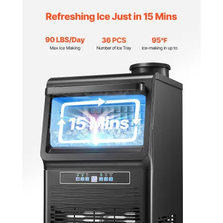 90lbs/24H Commercial Ice Maker, 36 Ice Cubes in 15 Minutes, Freestanding Ice Maker Machine with 12lbs Large Storage Capacity for
