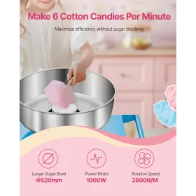 Commercial Cotton Candy Machine with Cart Sugar Floss Maker 1000W Blue