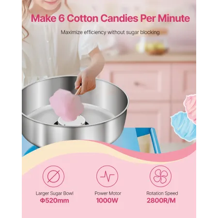 Electric Cotton Candy Machine with Cart, 1000W Commercial Candy Floss Maker with 52cm Stainless Steel Bowl, Sugar Scoop, and Dra