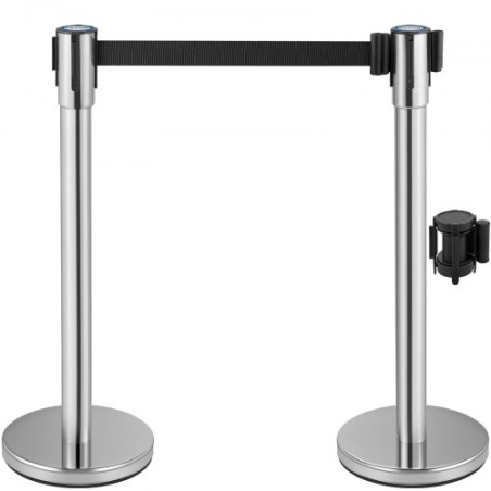 Crowd Control Stanchion, Sæt med 2 stykker Stanchion Set, Stanchion Set med 6,6 ft/2 m sort udtrækkeligt bælte, sølv publikum