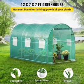 Walk-in Tunnel Greenhouse, 12 x 7 x 7 ft Portable Plant Hot House w/ Galvanized Steel Hoops, 1 Top Beams, 2 Diagonal Poles, 2