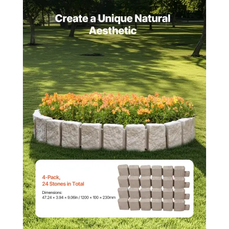 Faux Stone Landscape Edging, 47.2 x 9 in Realistic Lawn Edging, Flexible Brick-Sized Garden Edging Border with Anchoring Spikes,
