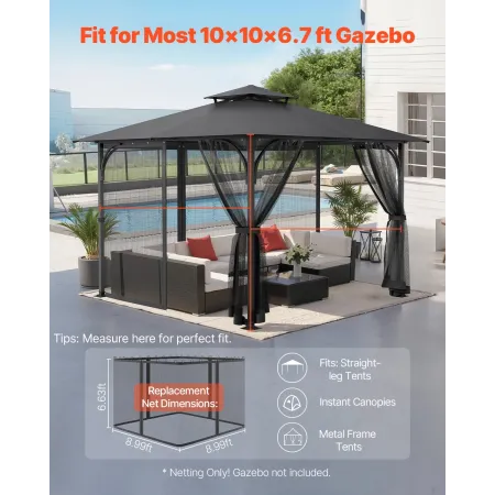 Gazebo Netting Replacement, Fit Most 10 x 10 x 6.7 FT Gazebo Curtain, Outdoor Garden Net, 4-Panel Sidewall Mesh Net, Patio Midge